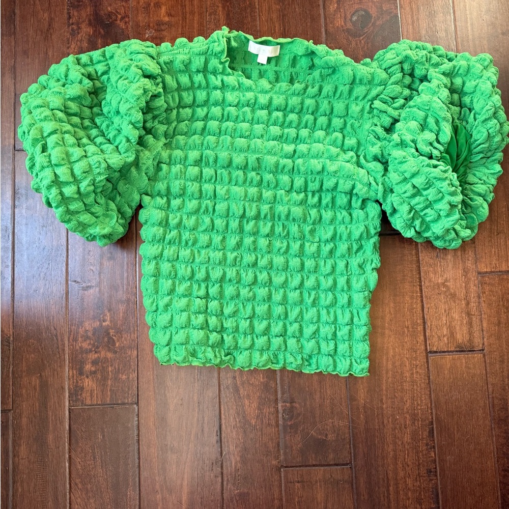 Anthropologie stretchy green puff sleeve top